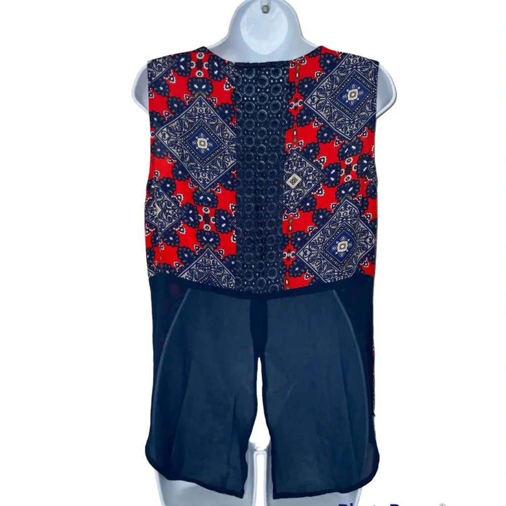 Daniel Rainn M Blouse Red Blue Geometric Lightweight Sleeveless V Neck Plunge - Picture 6 of 6